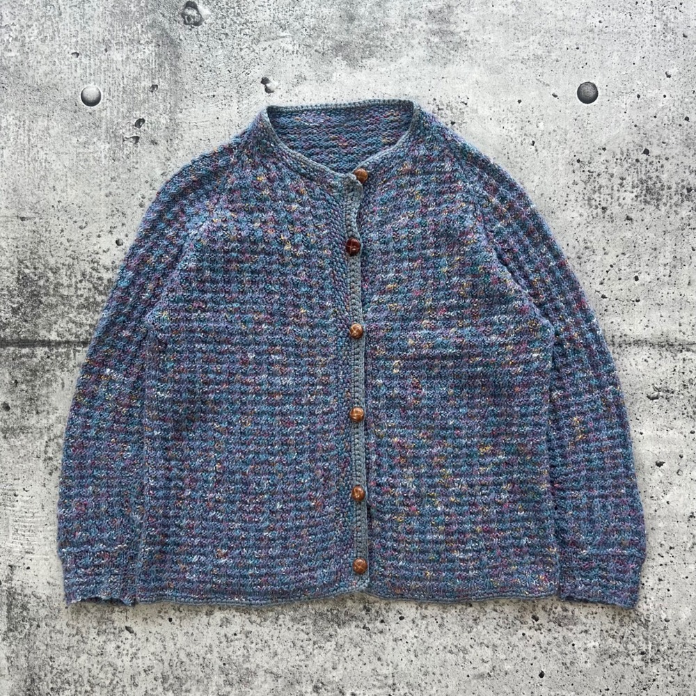 Vintage Sweater Womens Medium Blue Confetti Waffle Handknit Cardigan Grannycore